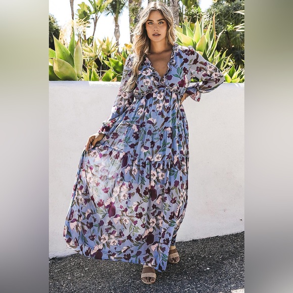 Bohemian Blue Floral Textured Maxi Dress main image 0